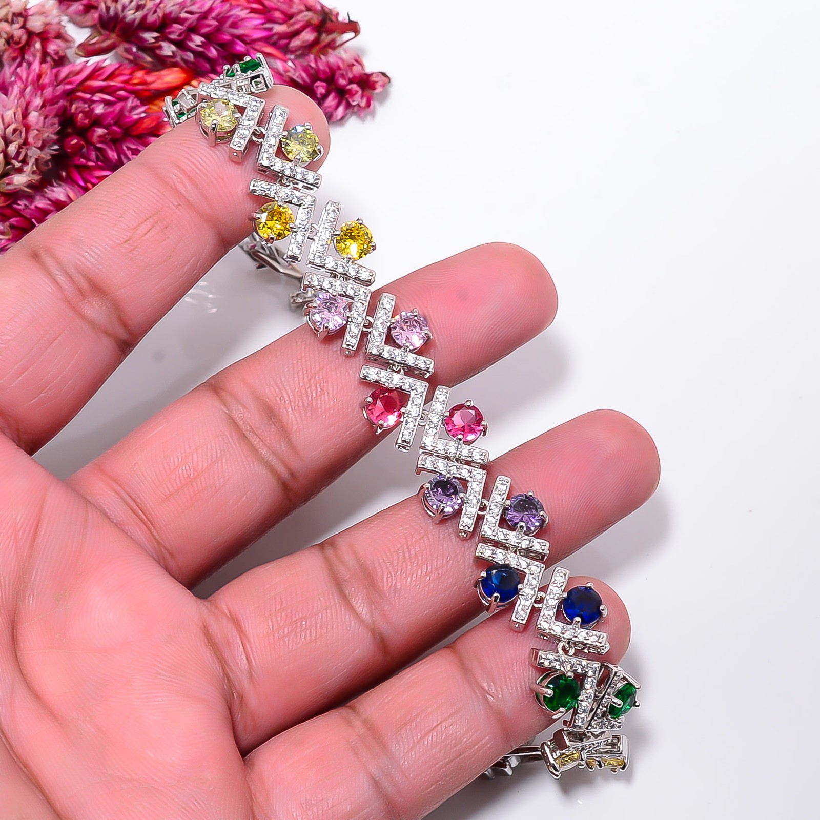 Multi Sapphire -Simulated, CZ 925 Sterling Silver Adjustable Bracelet 7-8″ B426