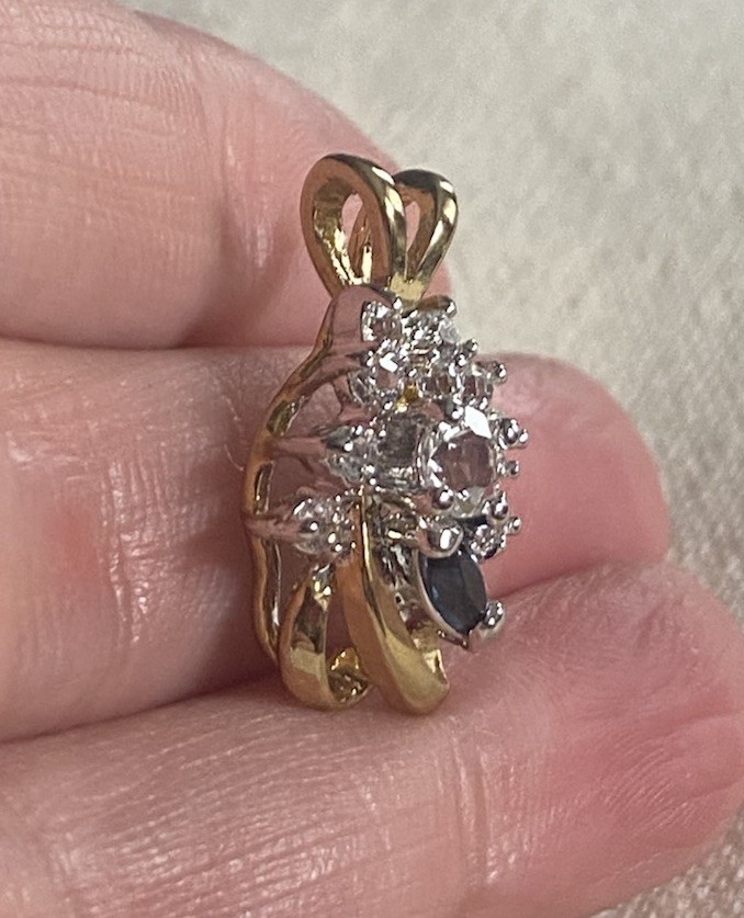 New Pendant Clear & Blue Gems Crystals Gold-tone 7/8 Inch