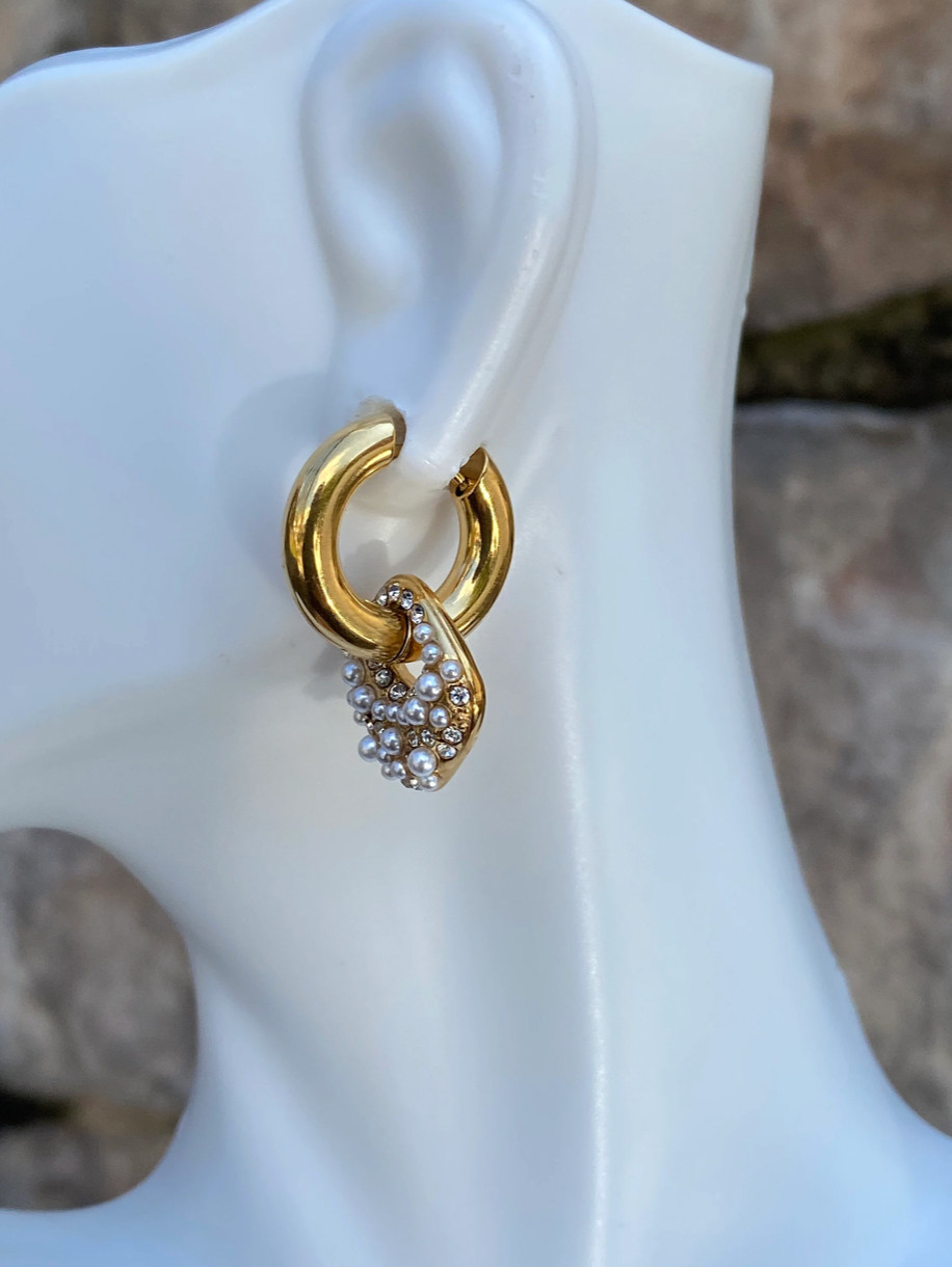 Gold Plated Stainless Steel CZ Pearl Dangle Drop Sparkle Earrings