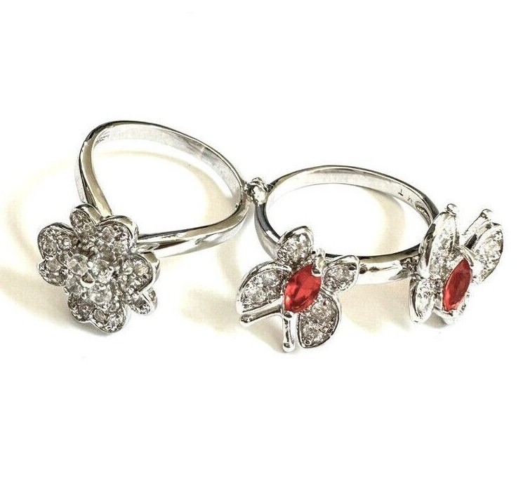 (SIZE 6,7,8,9) HINGED RING Butterflies Flower Red CZ Stones .925 STERLING SILVER