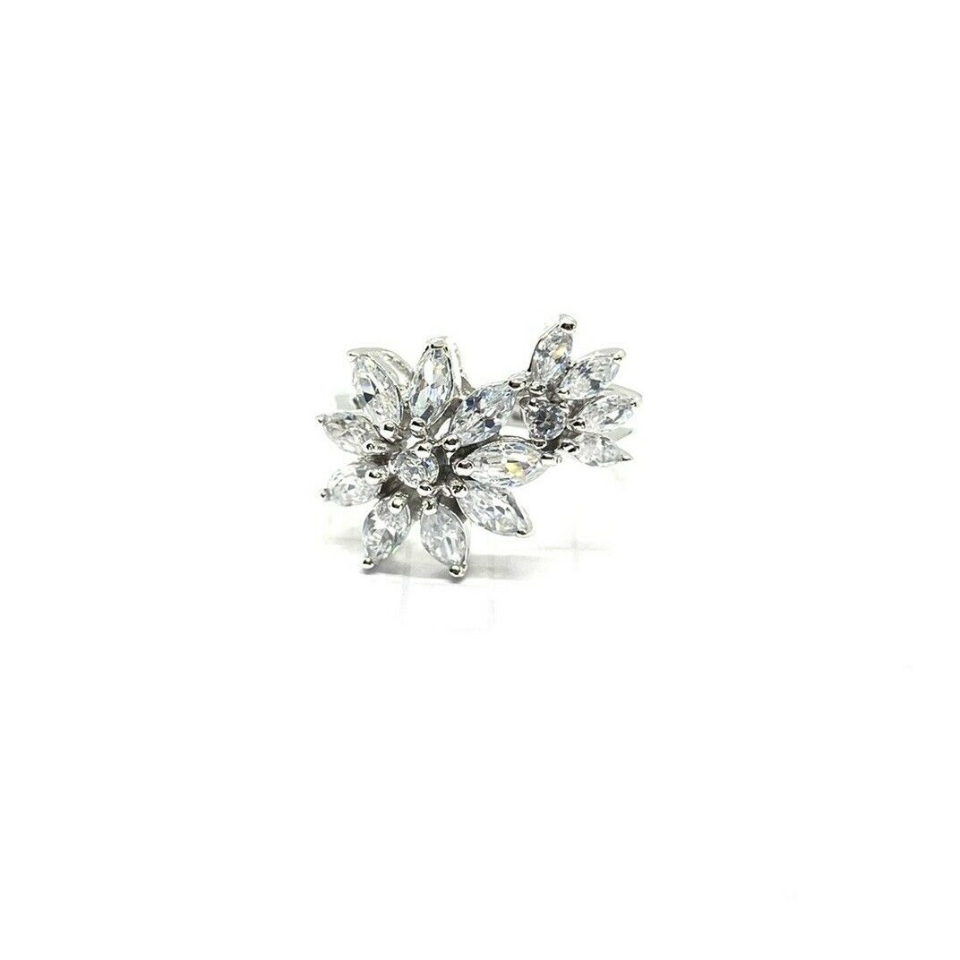 (SIZE 6,7,8,9) Sparkling Double FLOWERS RING Clear CZ Stones 925 STERLING SILVER