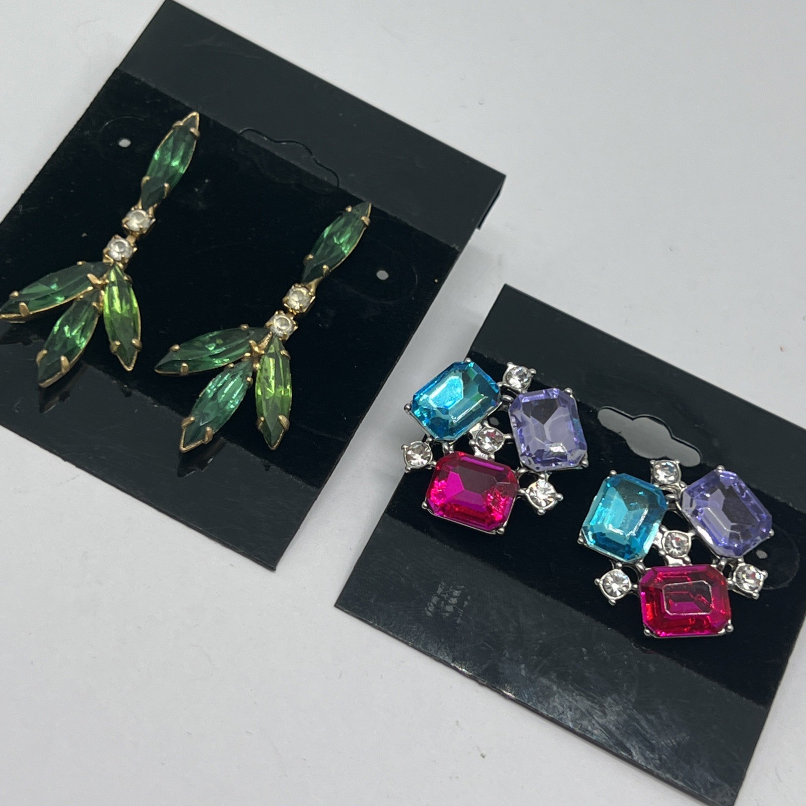 Green & Multicolor Crystal Rhinestones Pierced Earrings Set 2 Pairs