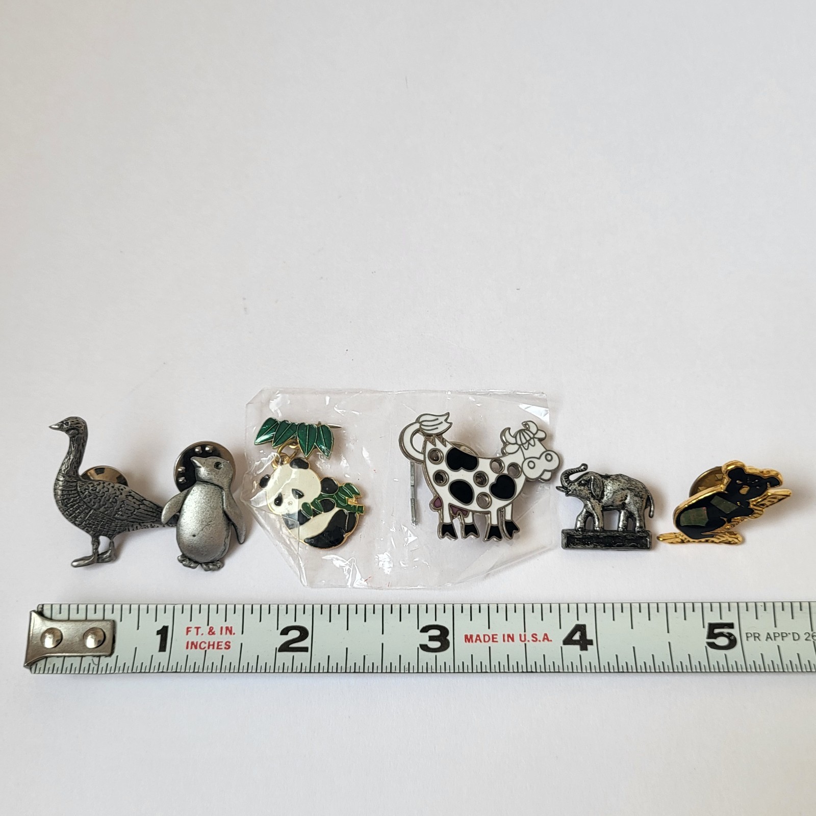 Mixed Animal Brooch Pin Lot (6) Metal Duck Cow Koala Penguin Panda Elephant Duck