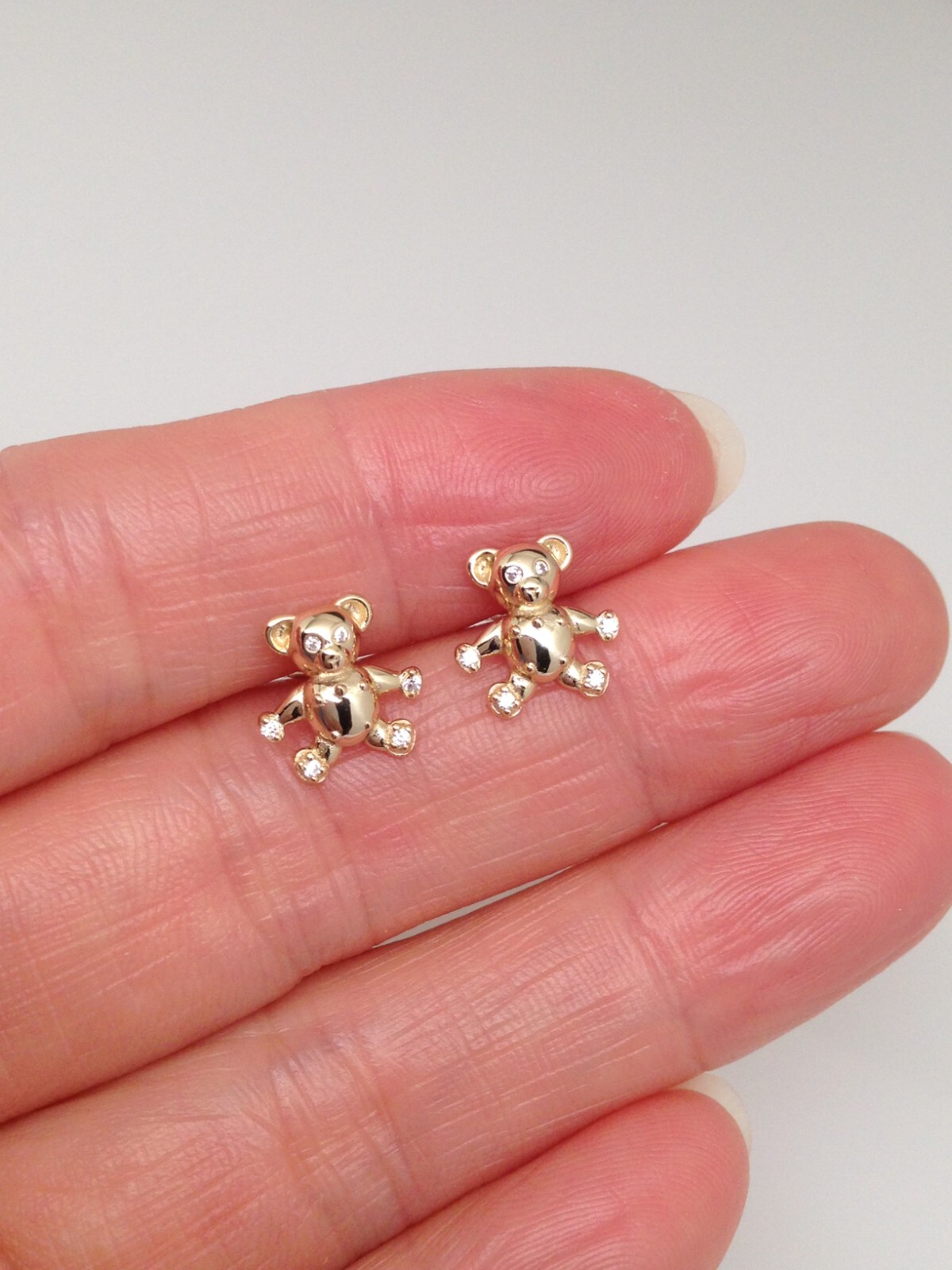 925 Sterling Silver CZ Gold Teddy Bear Stud Earrings Tiny Dainty 9mm Women Girls