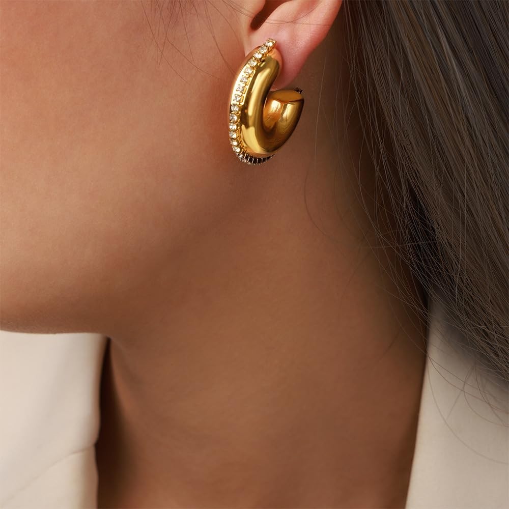 Niaspi C-Shaped Chunky Hoop Earrings for Women 18K Gold Plated Cubic