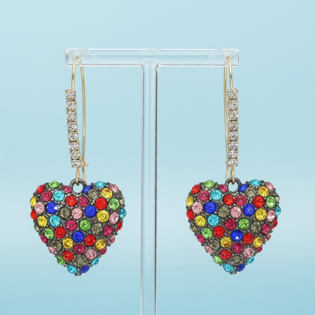 Betsey Johnson Stone Heart Dangle Earrings | Rainbow Pave Stones Crystal Accents