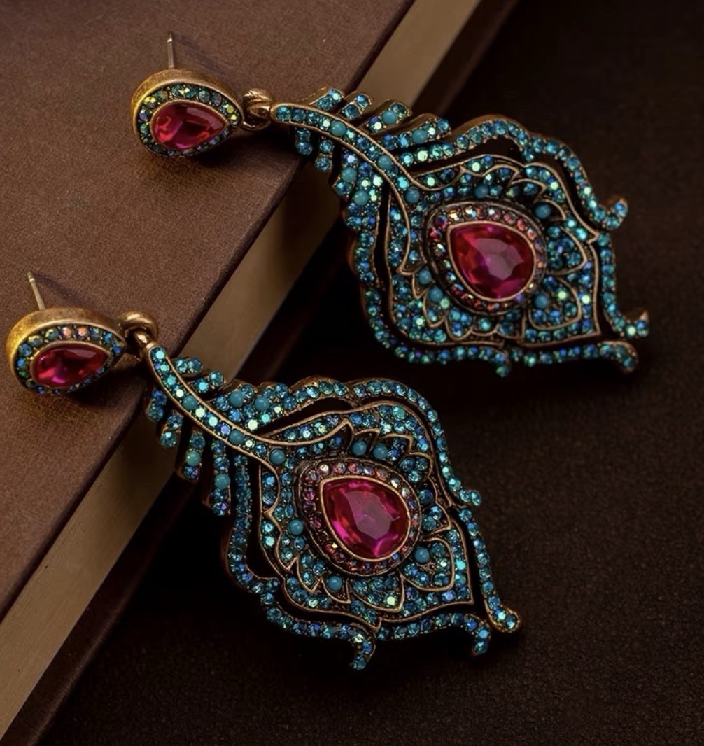 Gold Tone Blue & Pink Simulated Crystal Teardrop Dangle Earrings Butterfly
