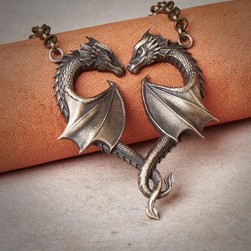 Elegant Heart Shaped Double Dragon Pendant Necklace