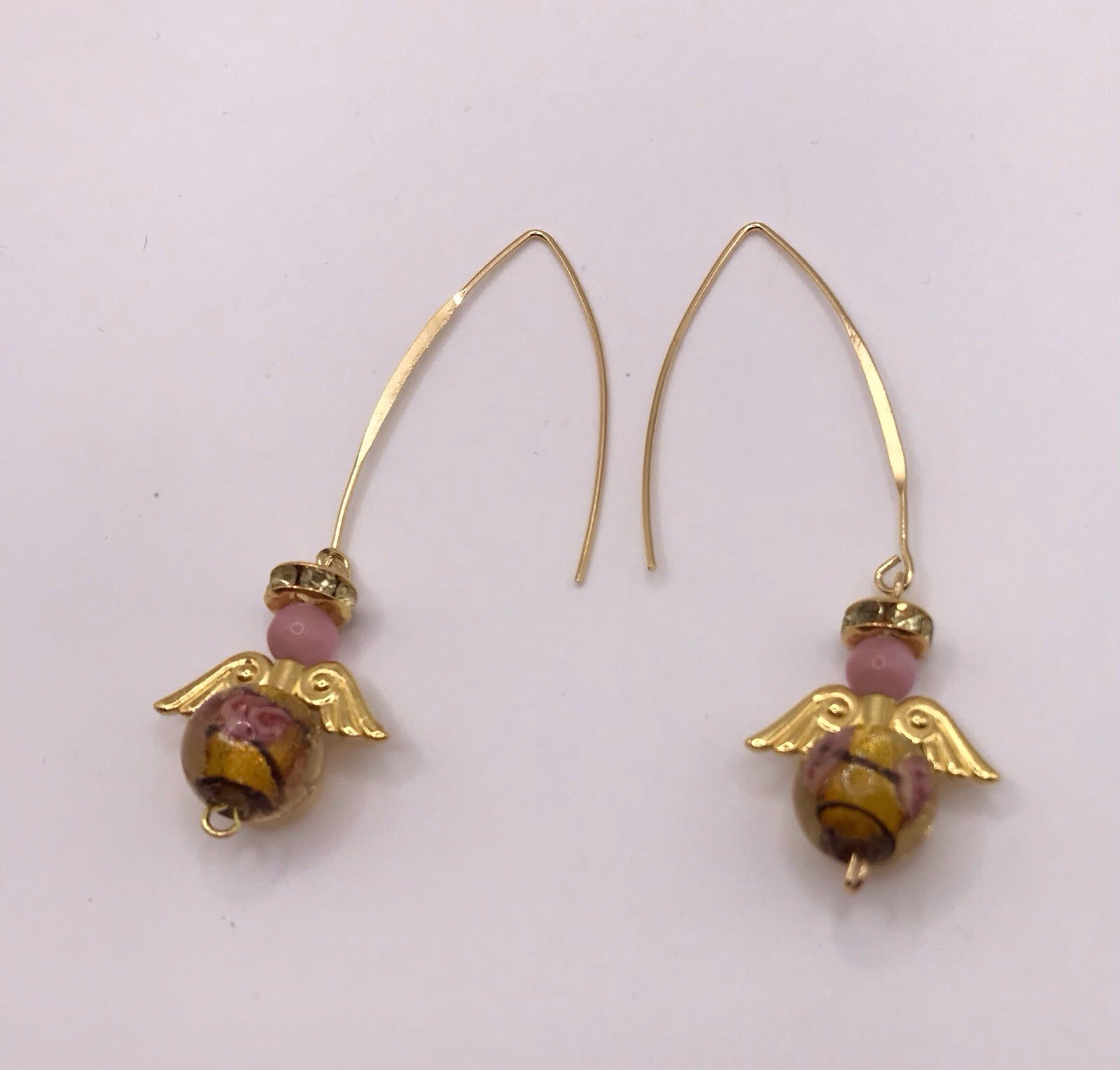 Handmade w/Angel Earrings Pink Cats Eye Murano Gold Round Bead Wings