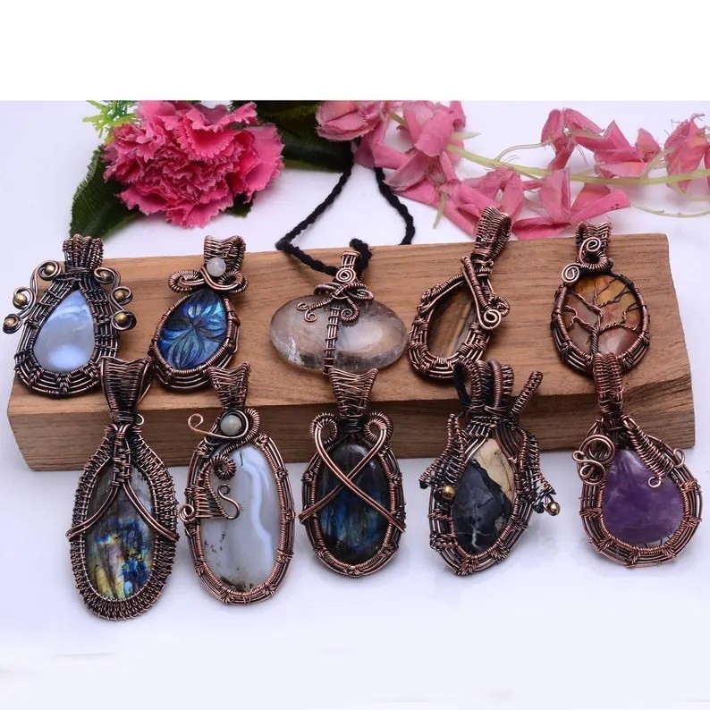 Natural Handmade Mix Gemstone Copper Wire Wrap 10 Pcs Lot Pendant Jewelry Reiki