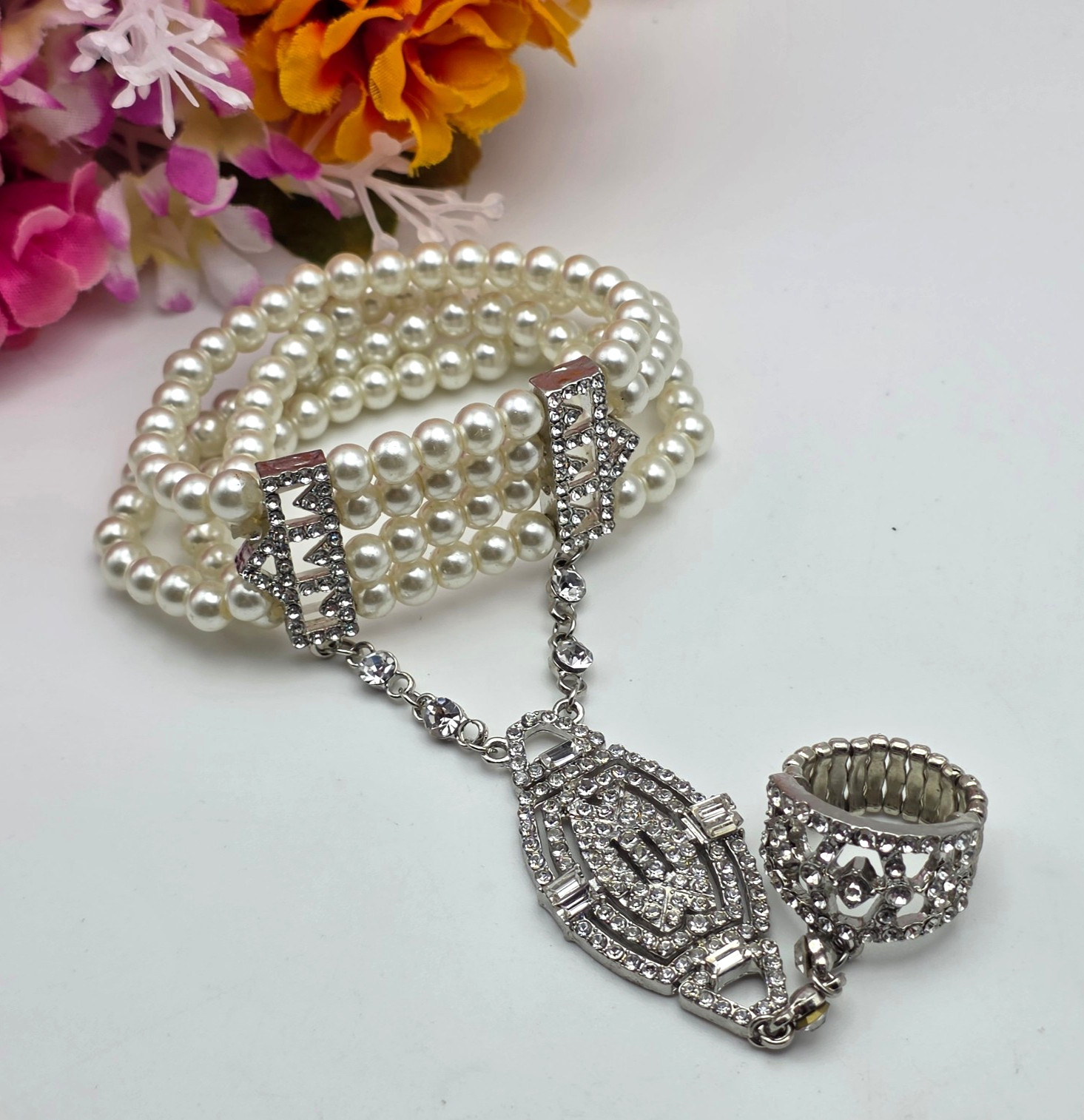 Vintage Faux Pearl Slave Bracelet Ring Set Clear Crystal Pave Stretch Bridal