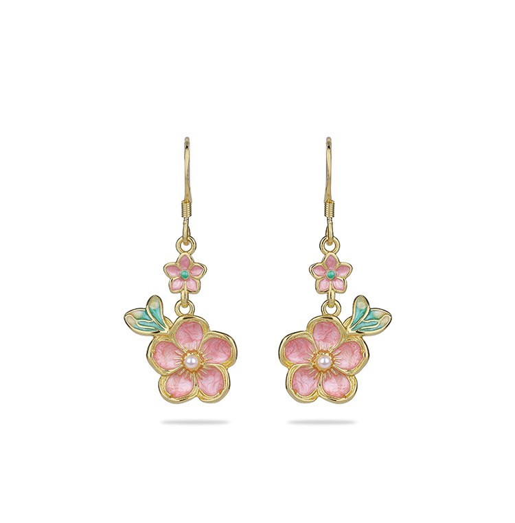 Pearl Enamel Dangle Earrings Boho Pink Flower Dainty Gemstone 18K Gold Plated