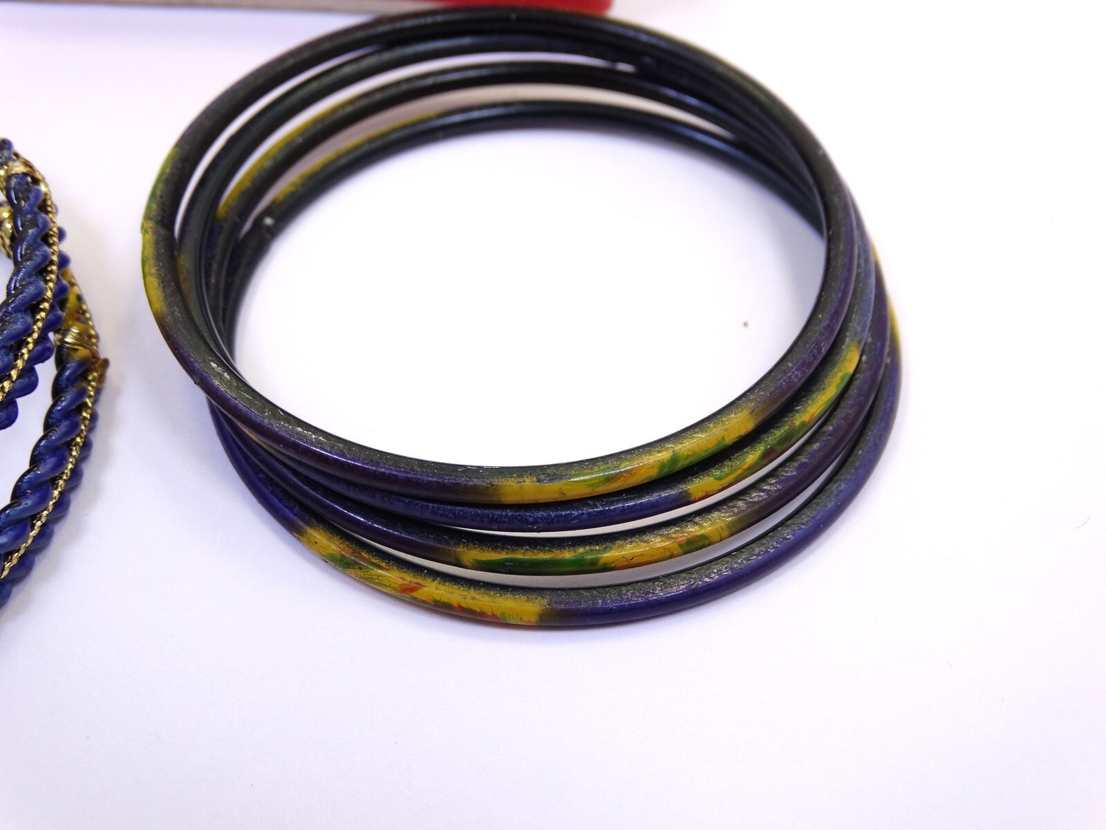 Vintage Old Indian Ceramic/Blue Enamel SATYAM Jewellers India 6pc Bangle Set