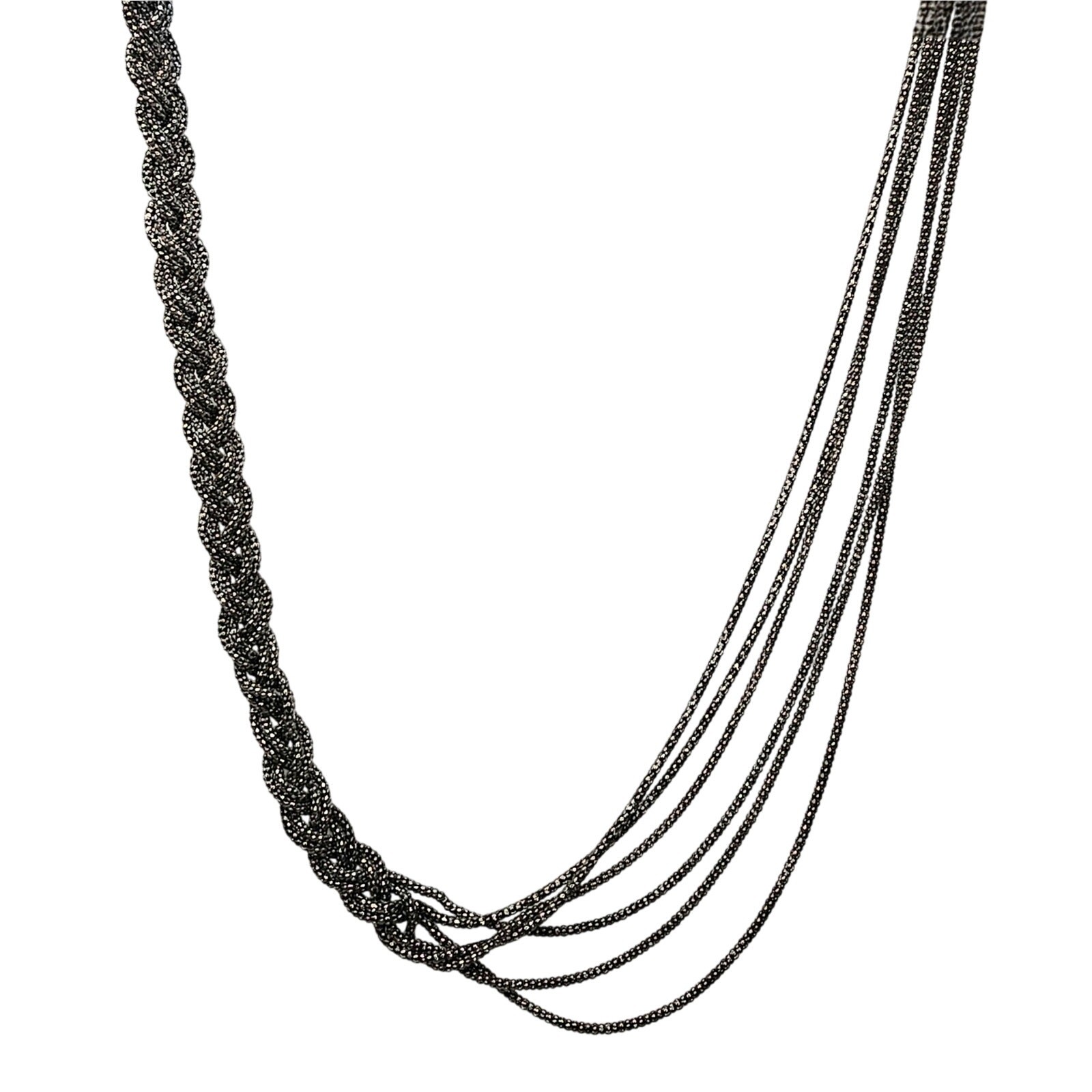 Multi Layered Half Braid Necklace Gunmetal Silver Chain Long Asymmetric Style