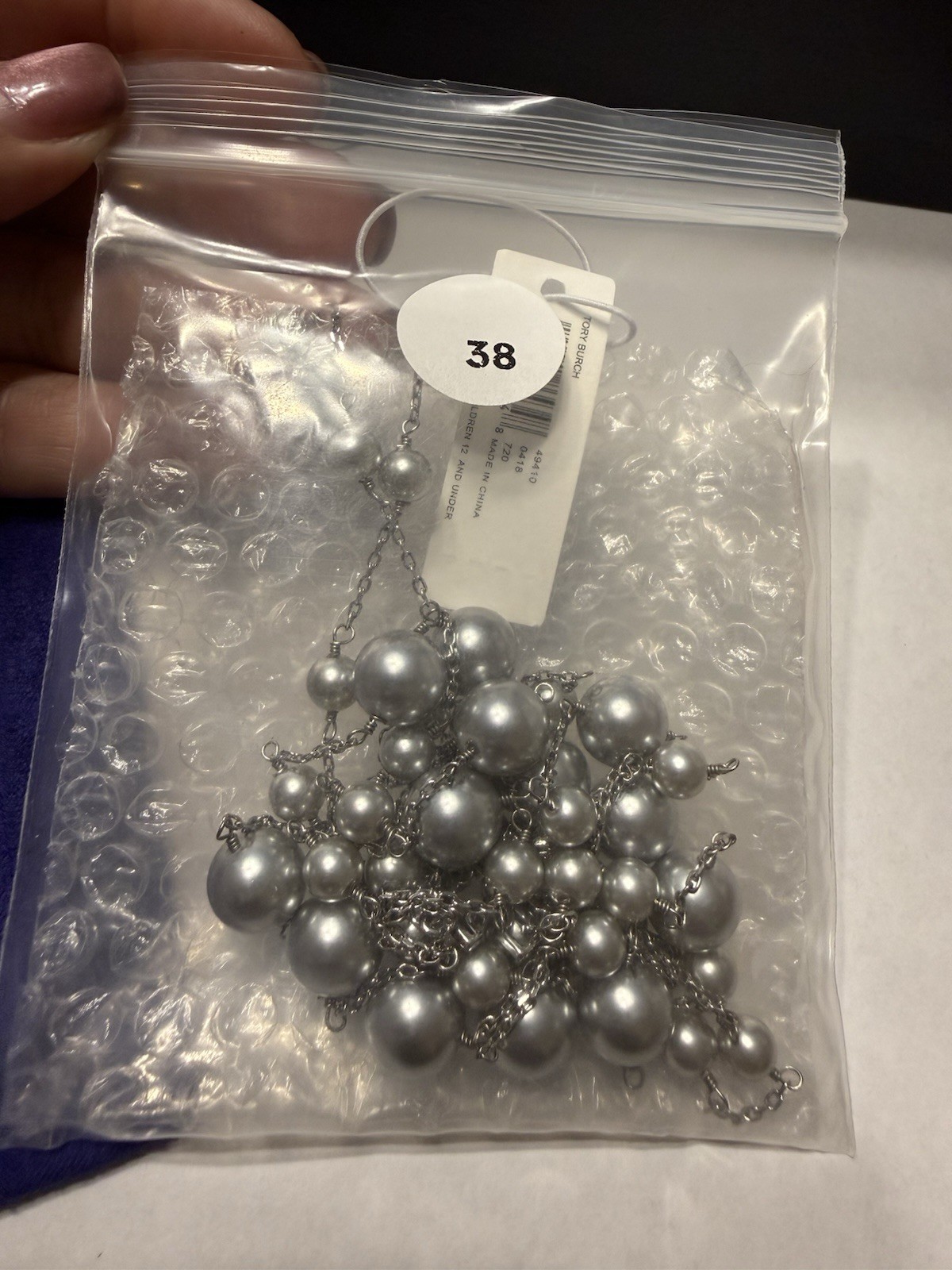 New Auth. Tory Burch Long 44” Silver Britten Necklace Silver/Grey Pearls w/ Tag
