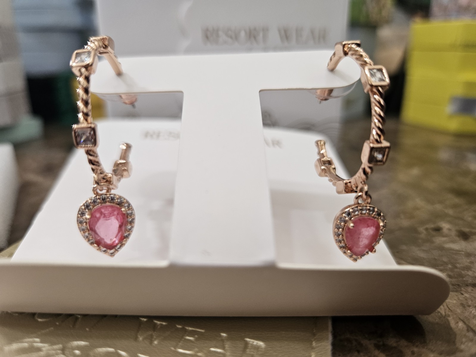 Bomb Party Resort Wear Pink Topaz Genuine Quartz Hoop Earrings On Rose Gold NEW
