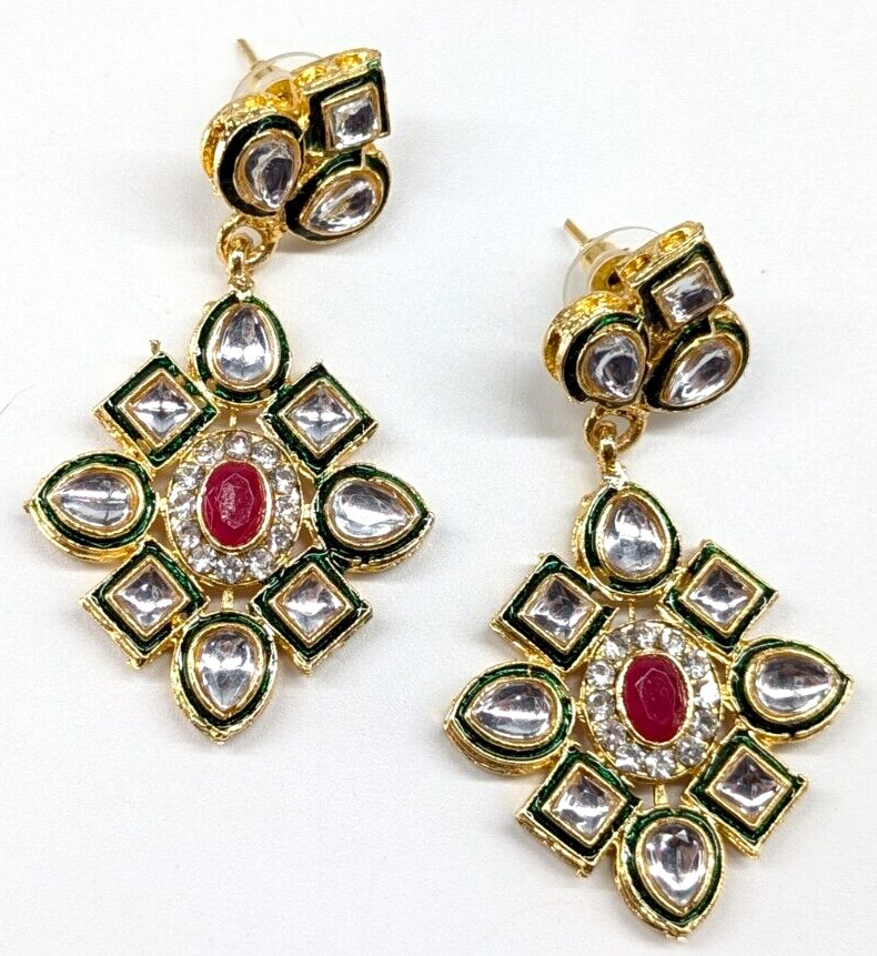 Bollywood India Wedding Gold Tone Clear Pink Rhinestone Pierced Earrings Chunky