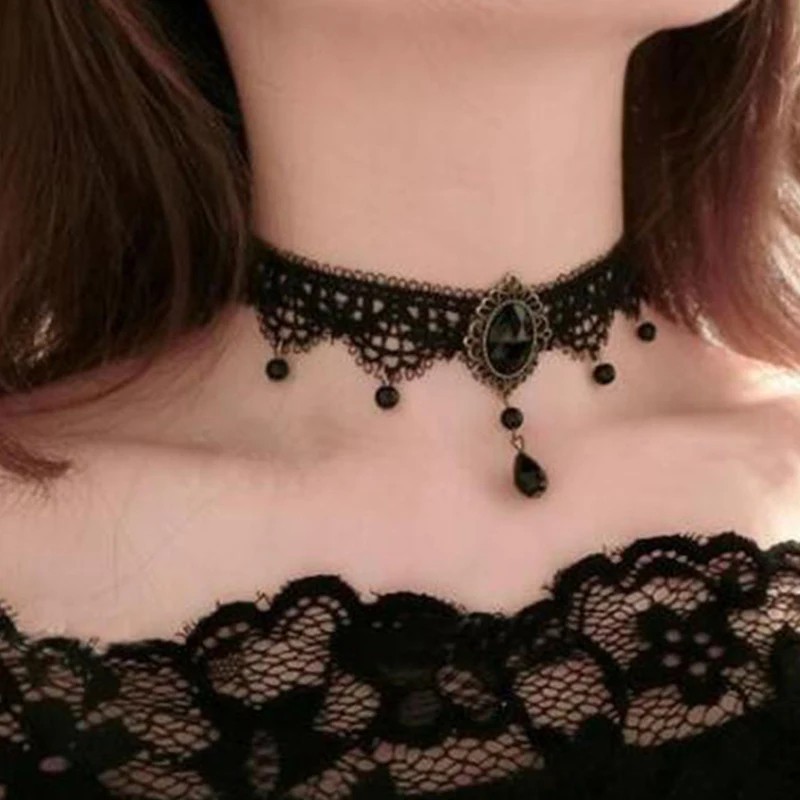 Gothic Black Lace Necklace Collar Choker Retro Vintage Chain, Vampire Halloween
