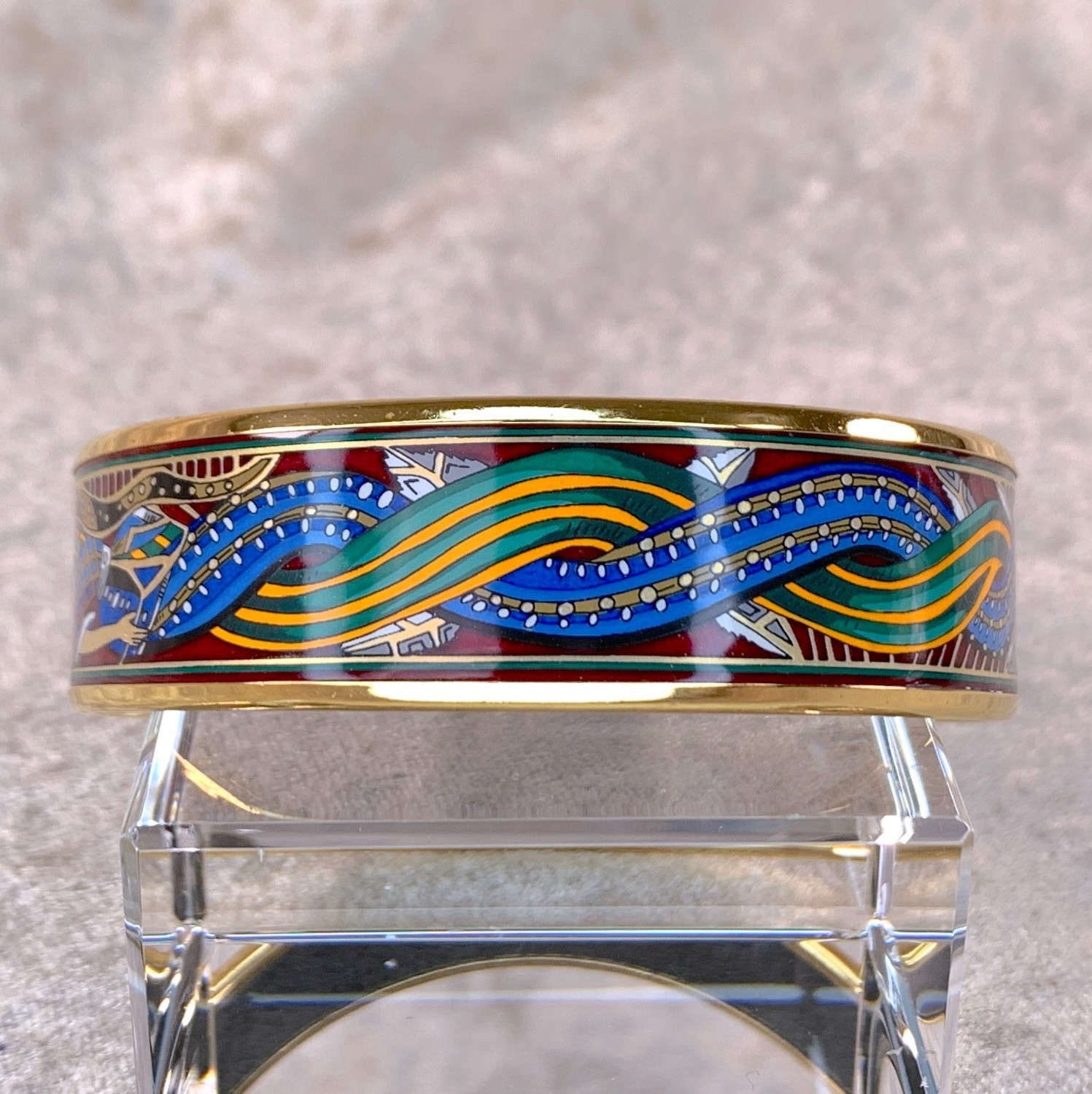 Vintage Hermes Bangle Bracelet Red Green Blue Enamel Mermaid Ladies Gold Rim 65