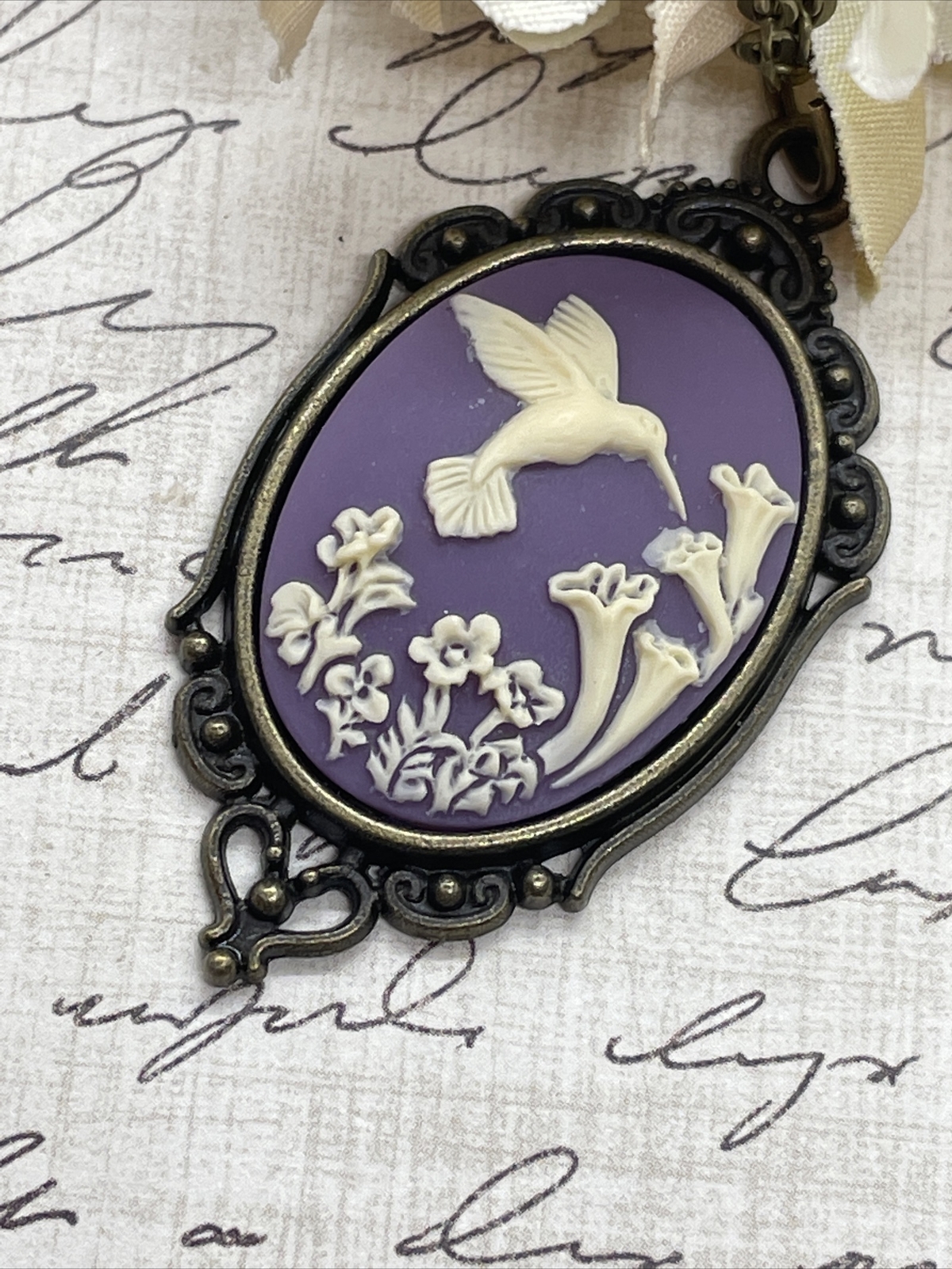 Purple Bronze Hummingbird Necklace Pendant Cameo Mom Daughter Birthday wedding