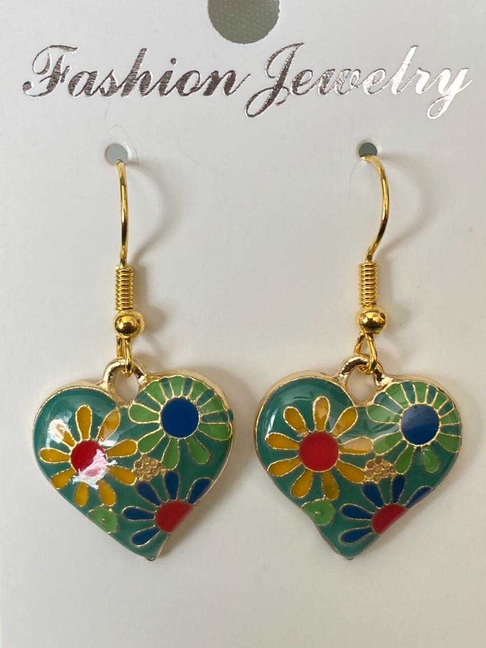 Cute Gold Green Multicolor Enamel Flower Heart Charm Hook Dangle Drop Earrings