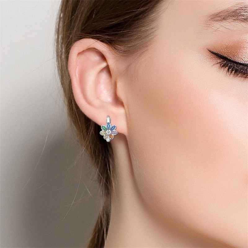 PANDACH Sterling Silver Tiny Colorful CZ Sunflower Hoop Earrings For Women Girls