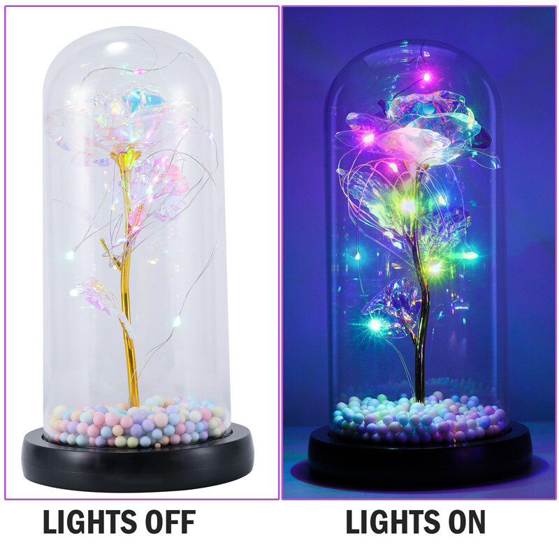 Preserved Eternal Gold Foil Rose In Glass Galaxy Flower Dome LED Light Gift Her