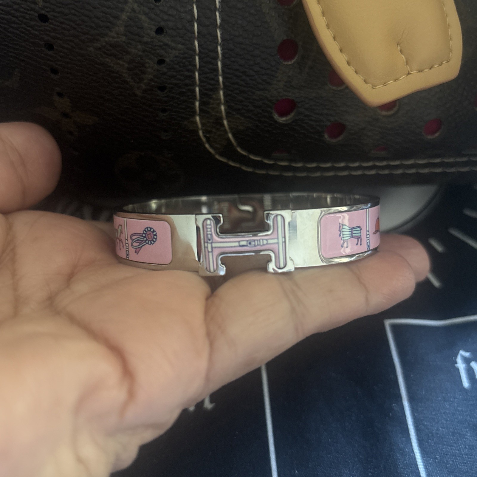 Hermès Inspired Enamel H Bracelet Silver Tone Multicolor Geometric Bangle