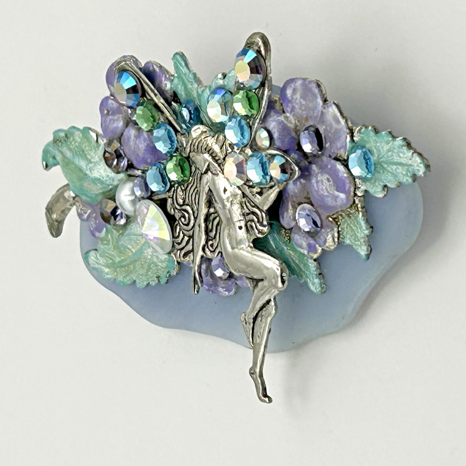 Fantasy Fairy Brooch AB Rhinestone Wings Flowers Leaves Whimsical Jewelry 2.5in