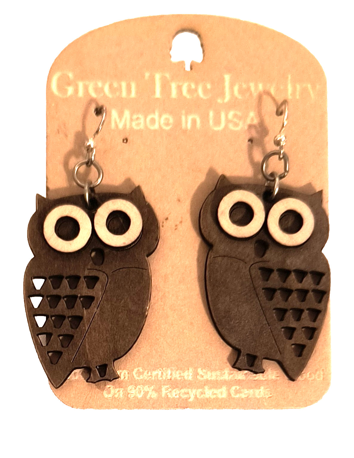 New with Tags Green Tea Jewelry Earrings Laser Cut Brown/Beige Owls Hook Closure