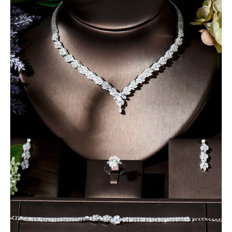 RHINESTONE BRIDAL NECKLACE Earrings Wedding Jewelry Set 4 Pc.