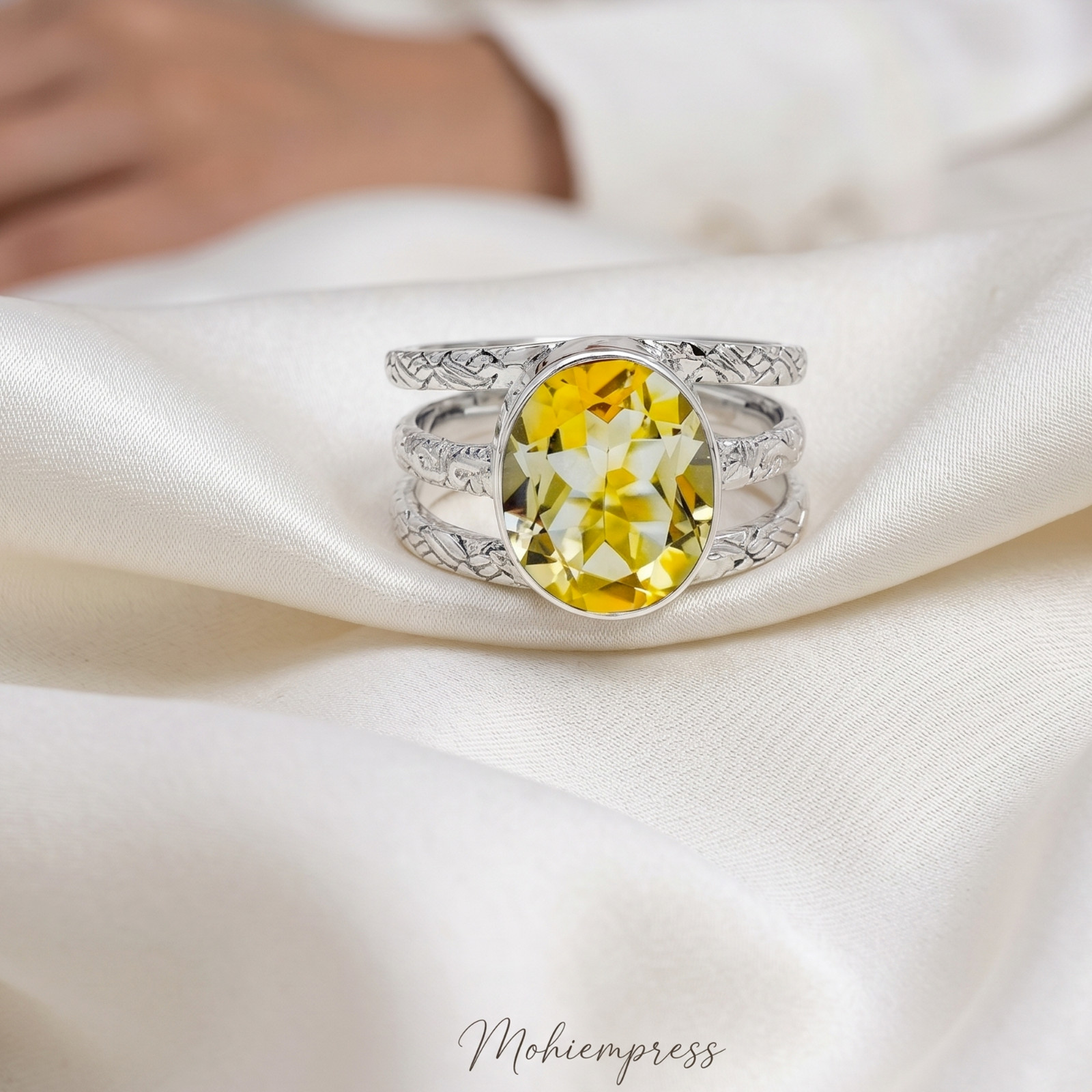 925 Sterling Silver Natural Citrine Three-Band Textured Ring