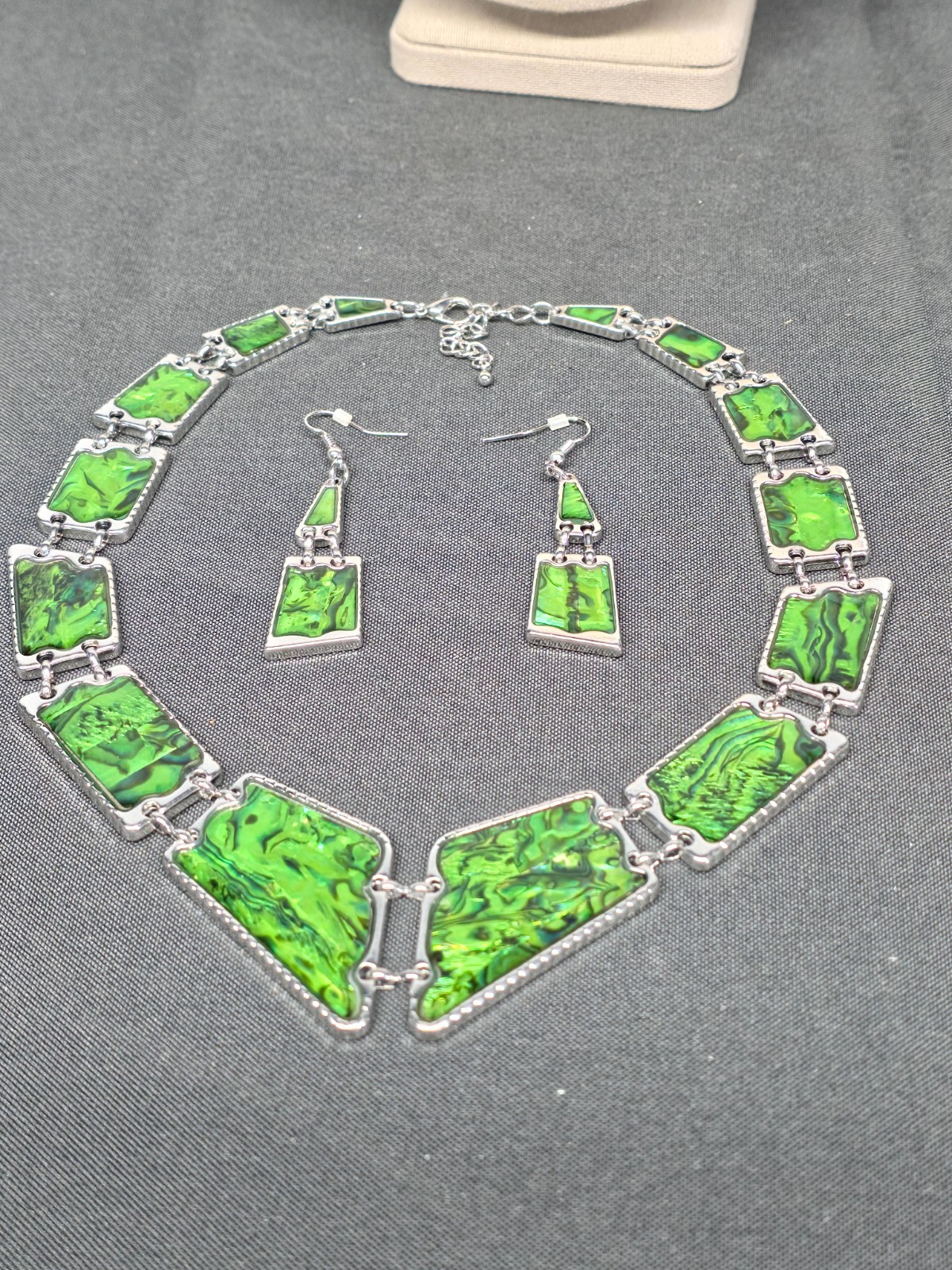 Artisan Abalone Shell Necklace Earring Set Silver Tone Rectangle Mosaic 16-18″