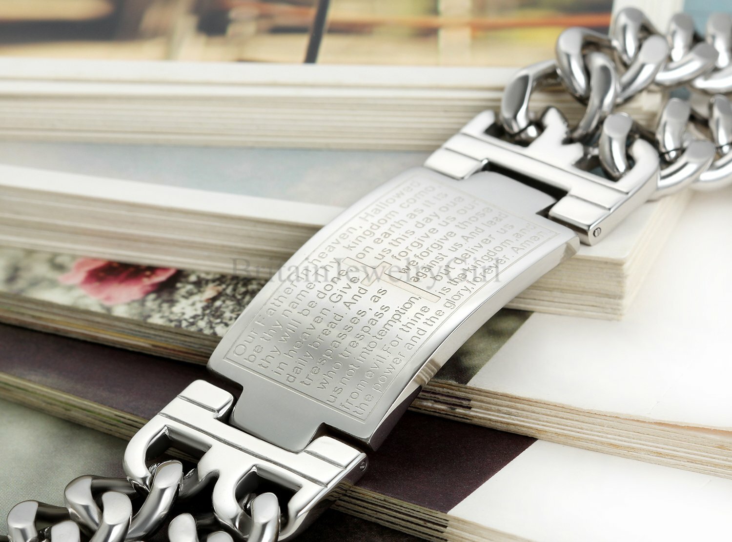 9.1″ Stainless Steel English Bible Verse Cross Wide Bracelet For Men Heavy