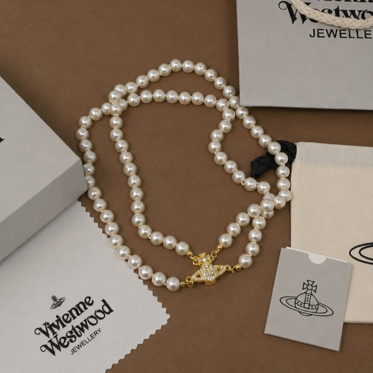 Vivienne Westwood Necklace Chocker Two Row Pearl Gold Magnetic Orb Pendant & Box