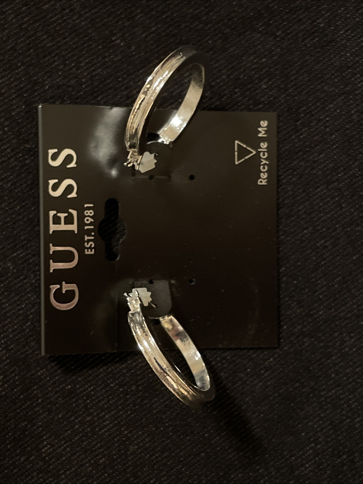 GUESS Brand New Silver Tone Hoop Earrings With Beveled Edge (NWT) Approx 1”