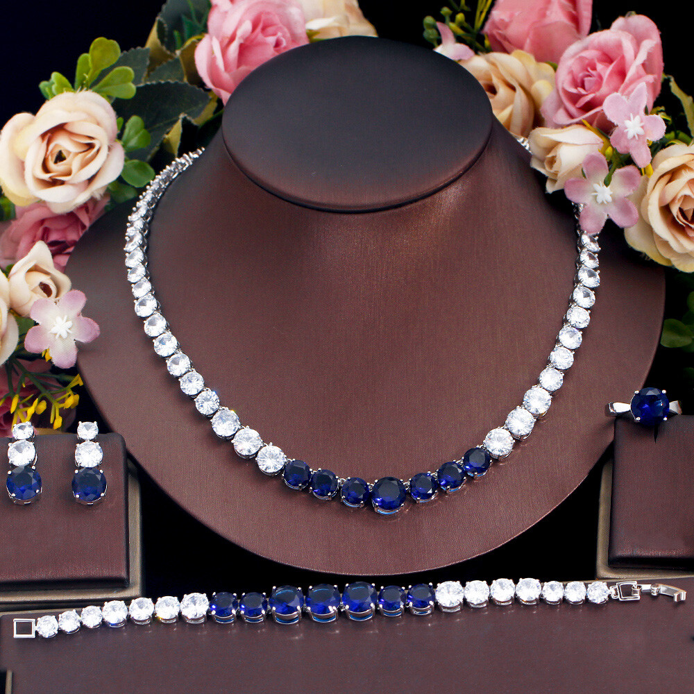 Silver Plated CZ Yellow Big Round Wedding Jewelry Necklace Earrings Bracelet Set