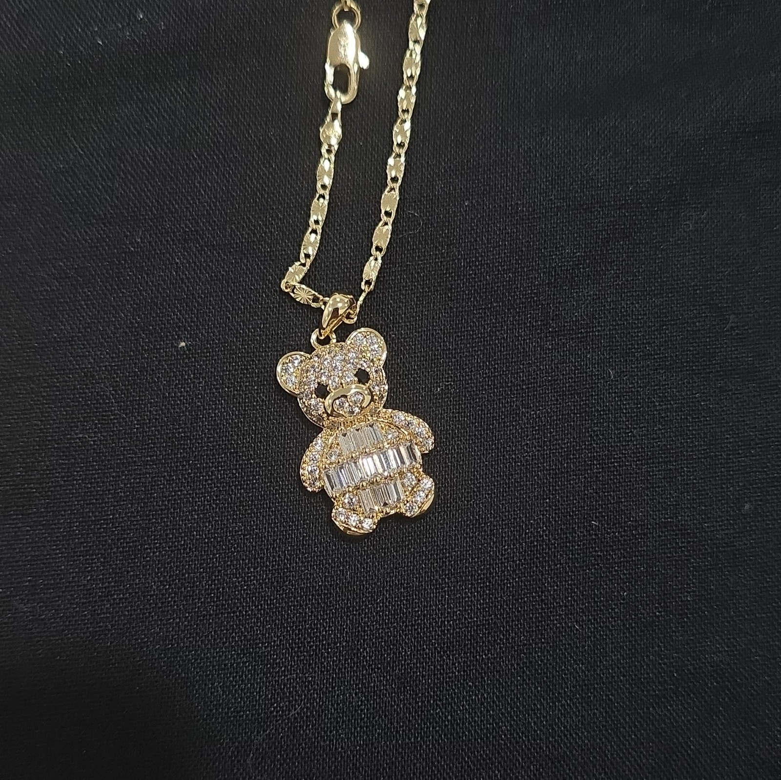 Gold Plated Teddy Bear Charm Pendant Cable Chain Necklace Lobster Crystal Pavé