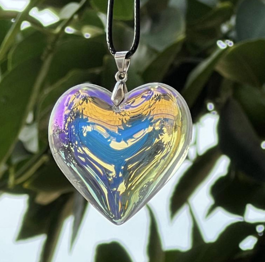 Iridescent Heart Necklace Puffy Heart Pendant Glass Charm Heart Choker Gift