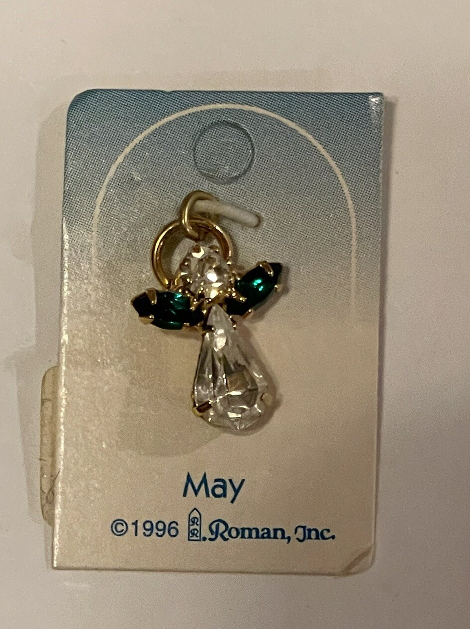 1996 May Birthstone Angel Charm Pendant Vintage Roman Inc NEW Rhinestones Green