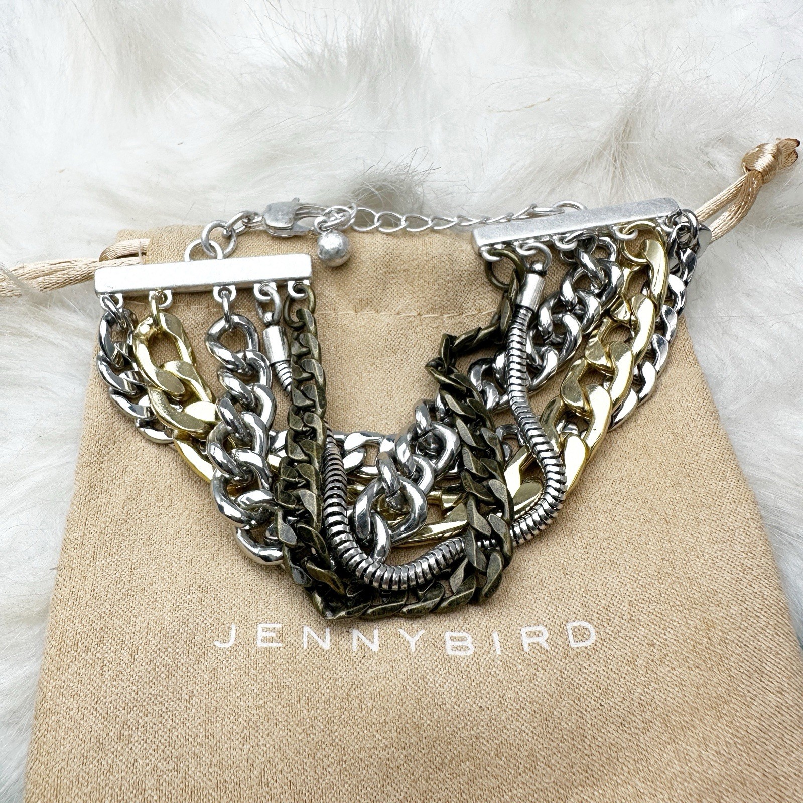 Jenny Bird Gold Silver Multi Chain Statement Bracelet w/ Pouch New w/o tags