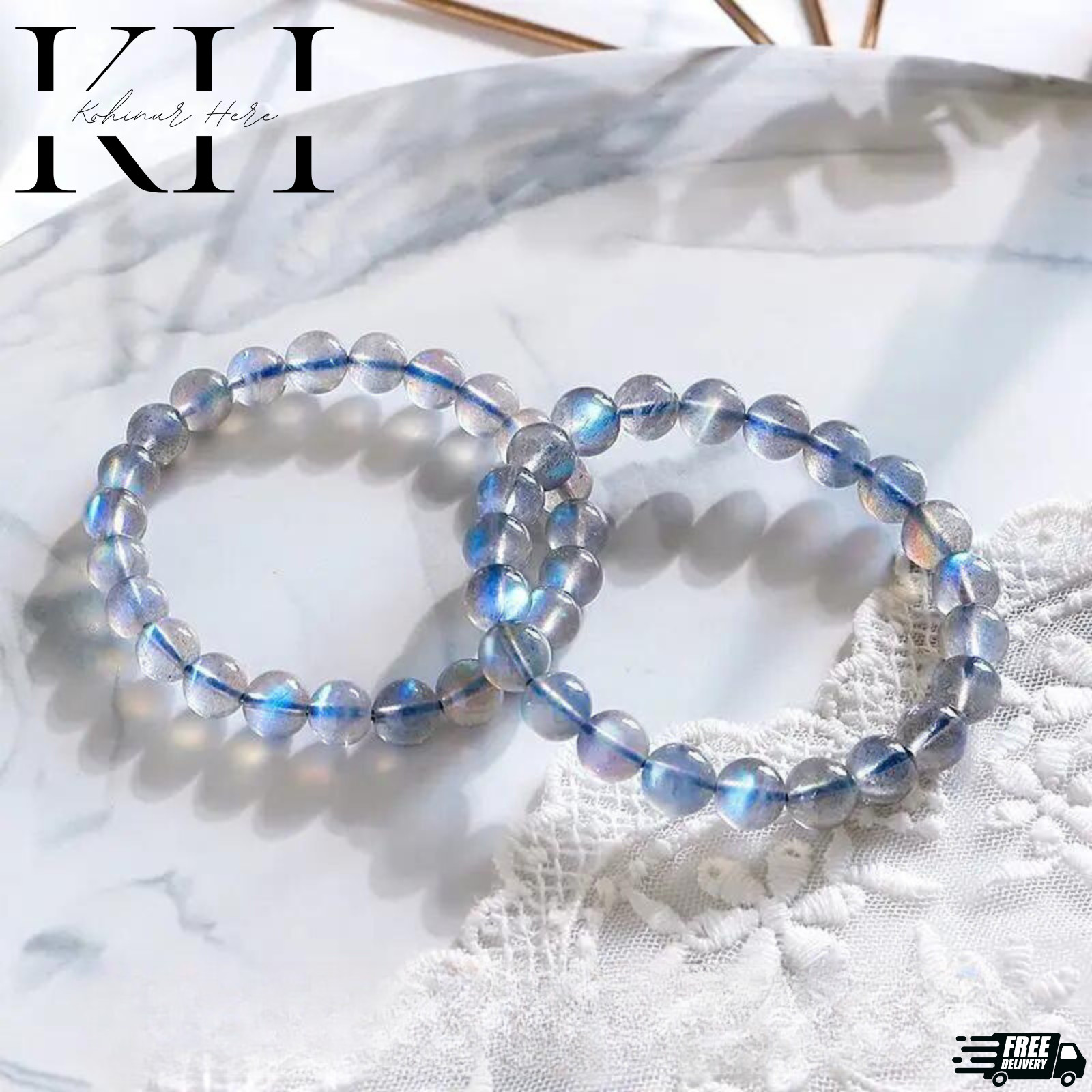 Natural Moonstone Stone Bracelet 7mm Ice Blue Crystal Stretch Bracelet Handmade