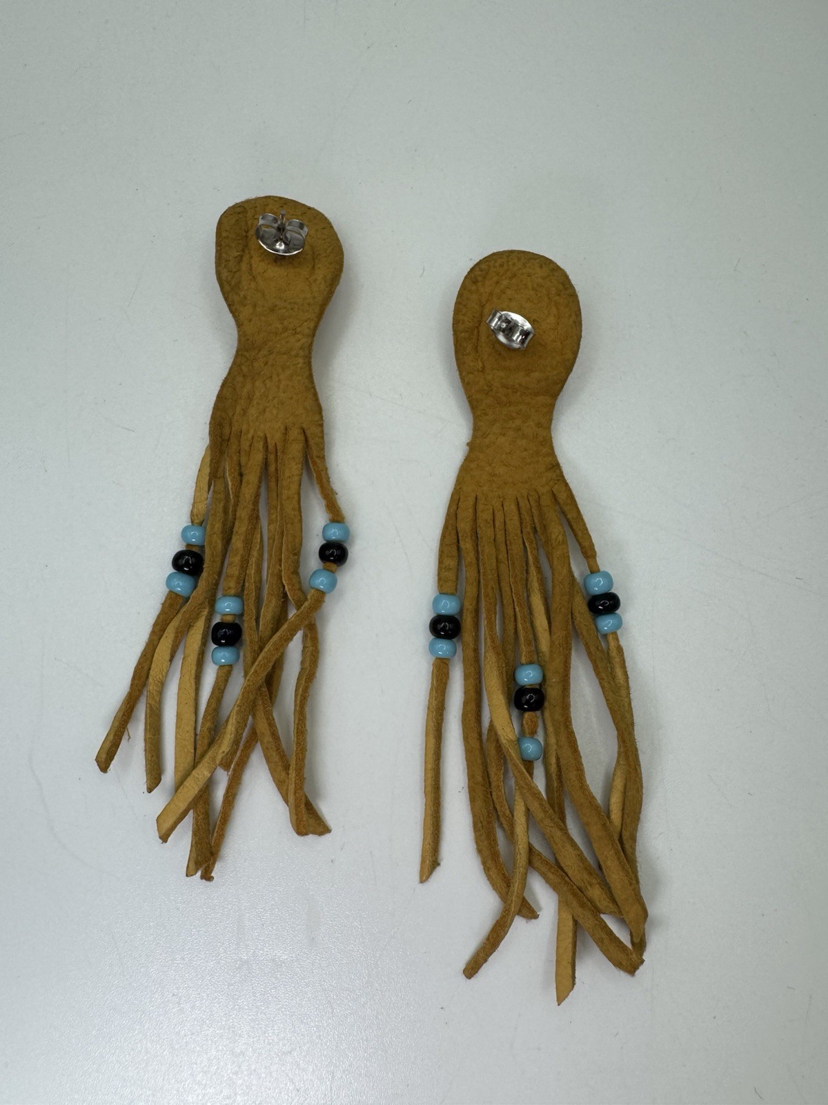 Silver Tone & Beige Leather Tassel Earrings Native Style Whit Turquoise Accents