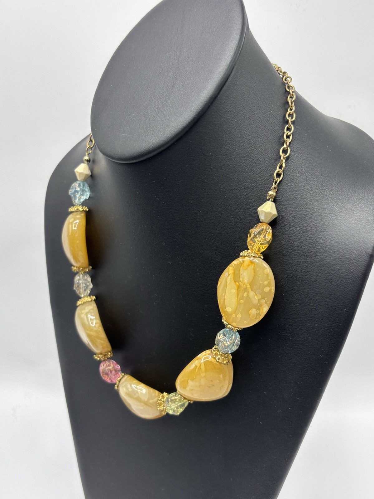Yellow Acrylic Beaded Necklace Statement Chunky Fashion Jewelry Gold Tone