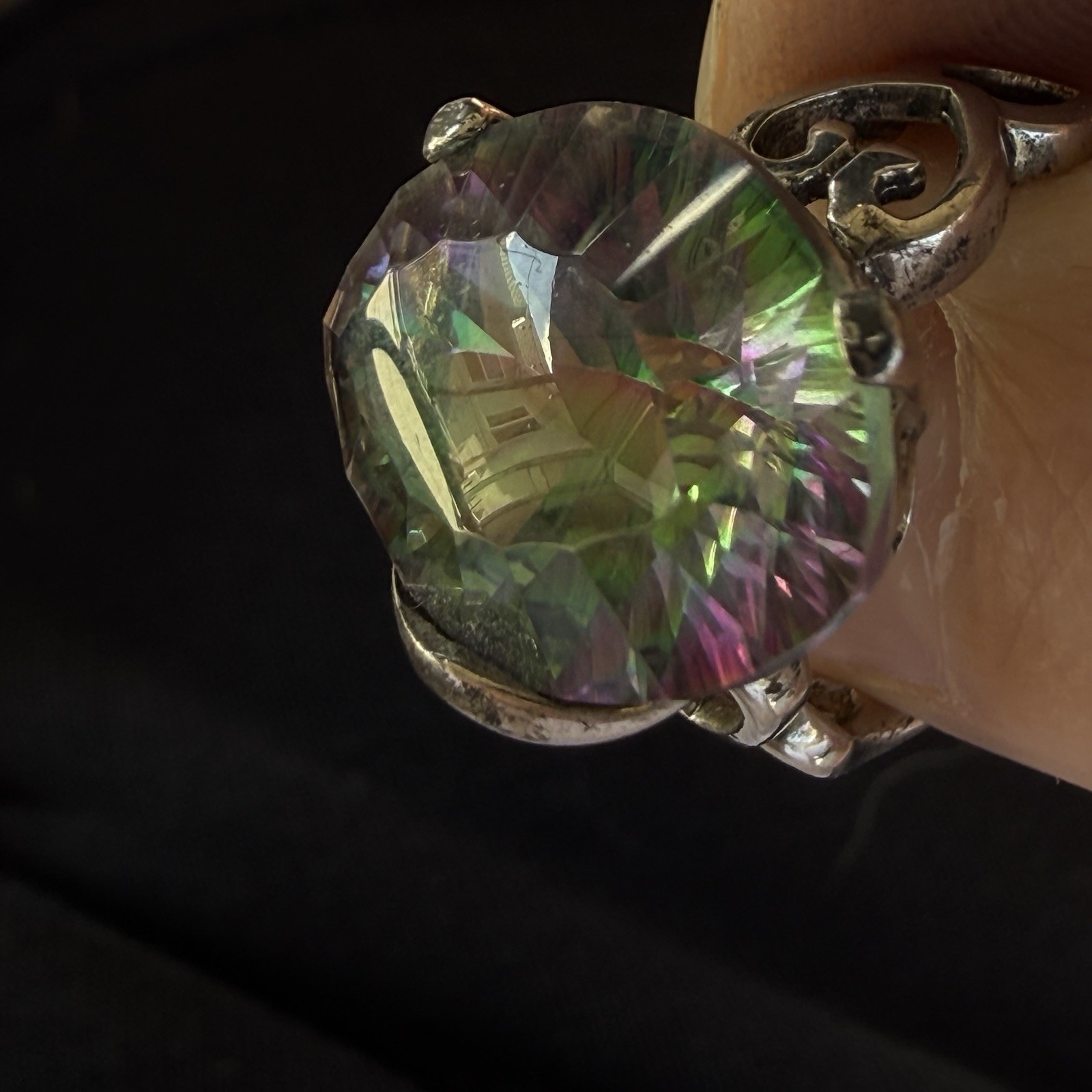 LUCCN Sterling Silver Floral Shank Large Oval Brilliant Mystic Topaz Ring Size 7