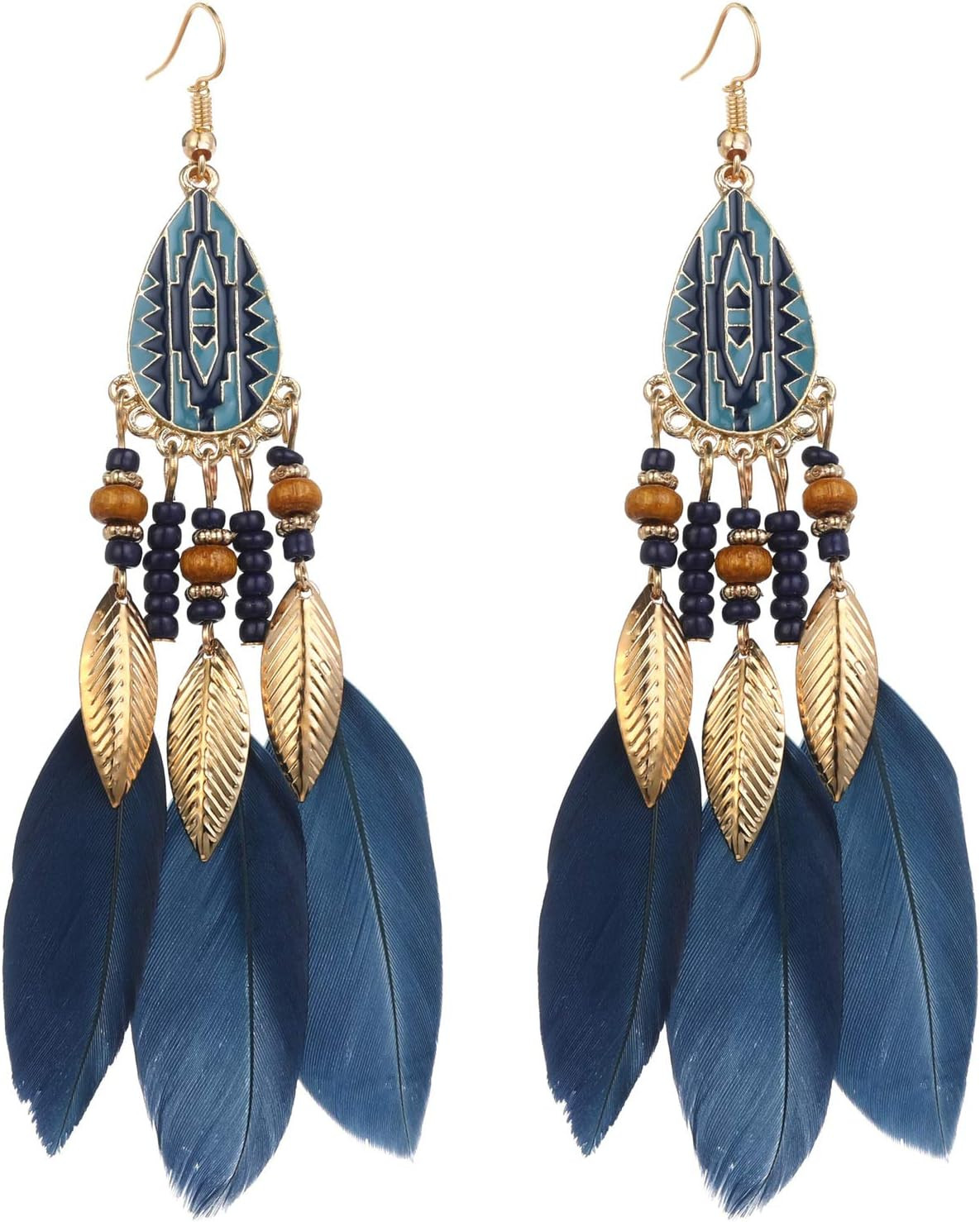 Boho Long Feather Drop Dangle Earrings for Women Retro Bohemian Ethnic Fringe Mu