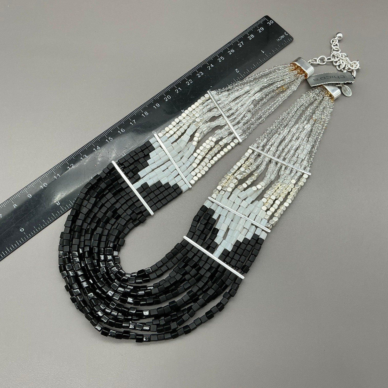 Chico’s Necklace Womens Black White Silver Beaded Multi Strand Statement 22 In