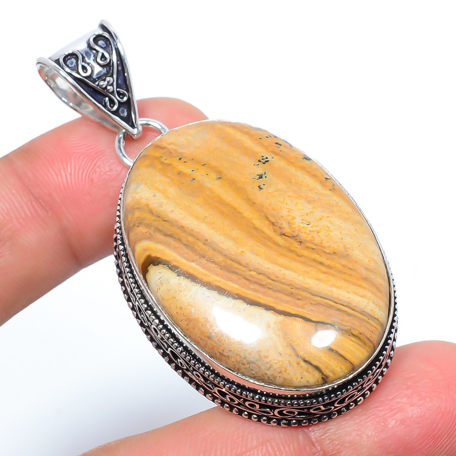 Natural Fine Art – Picture Jasper 925 Silver Plated Bali Pendant 2.22″ T8612