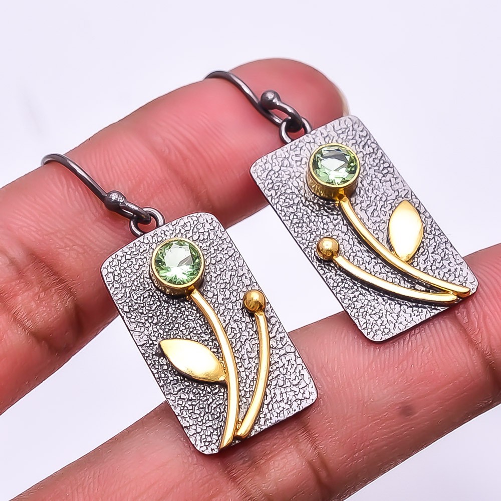 Green Amethyst Gemstone Gemstone 925 Silver Black & Gold Plated Earring 1.56″ E8