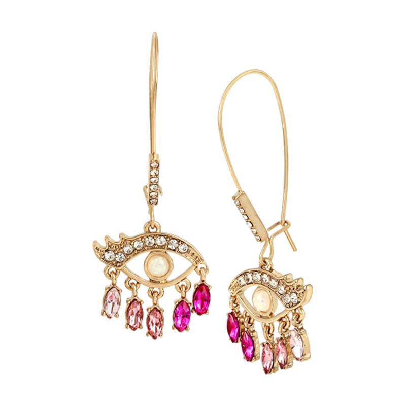 Betsey Johnson Evil Eye Dangle Earrings | Crystal Pave | Pink Tonal Stones